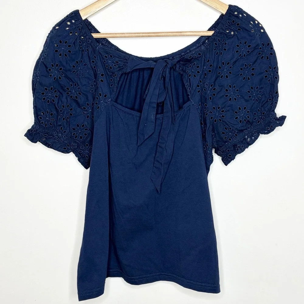 J Crew Eyelet Puff Sleeve Top Navy Womens Size M Nautical Preppy Fisherman
